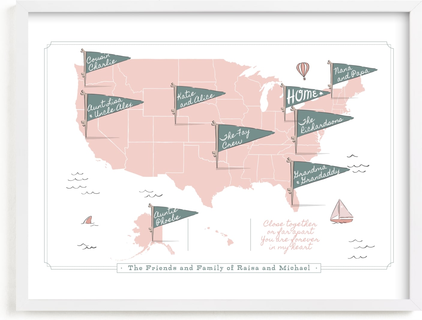 This is a white personalized art for kid by Kelsey Mucci called Friends & Family Map.