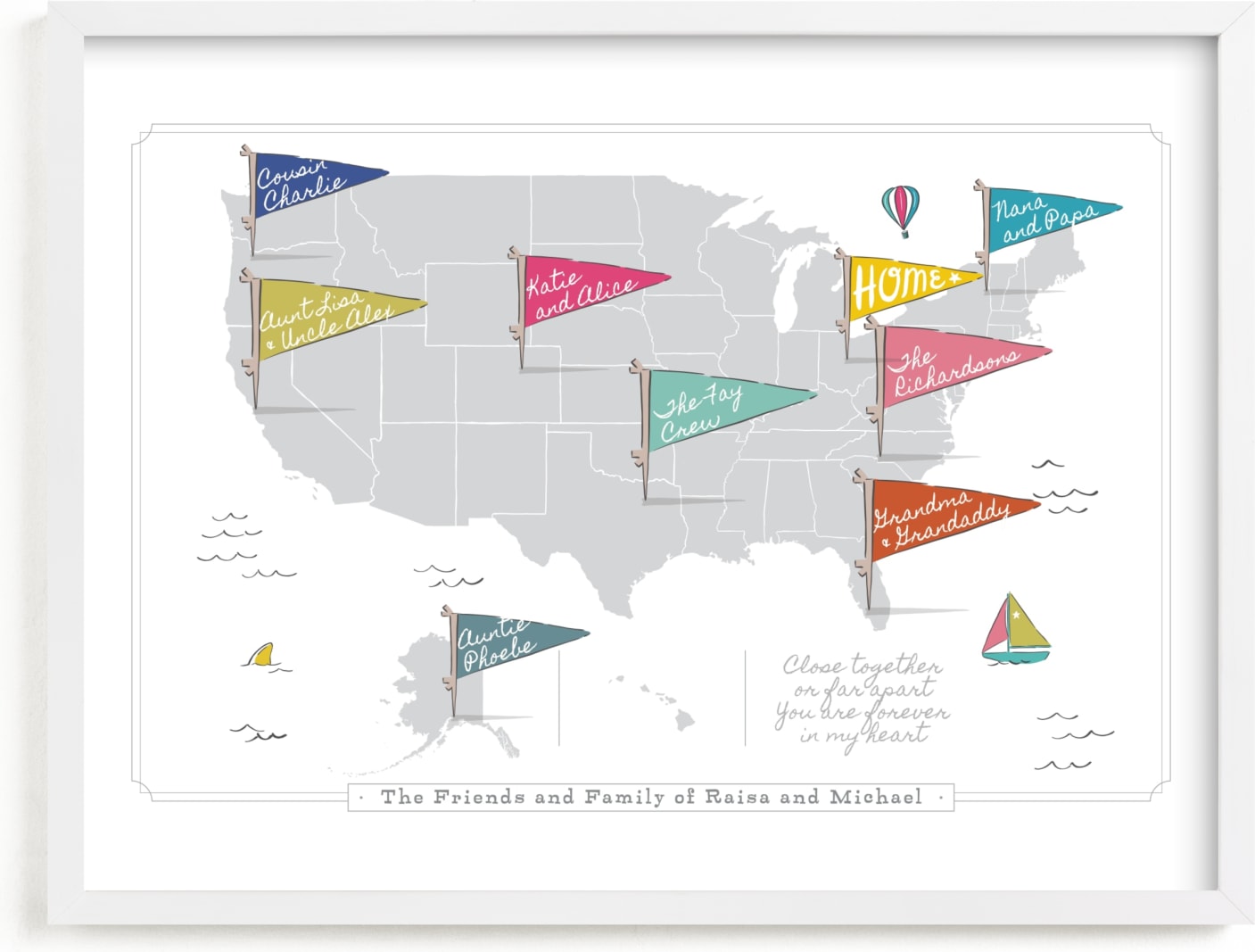 This is a colorful personalized art for kid by Kelsey Mucci called Friends & Family Map.