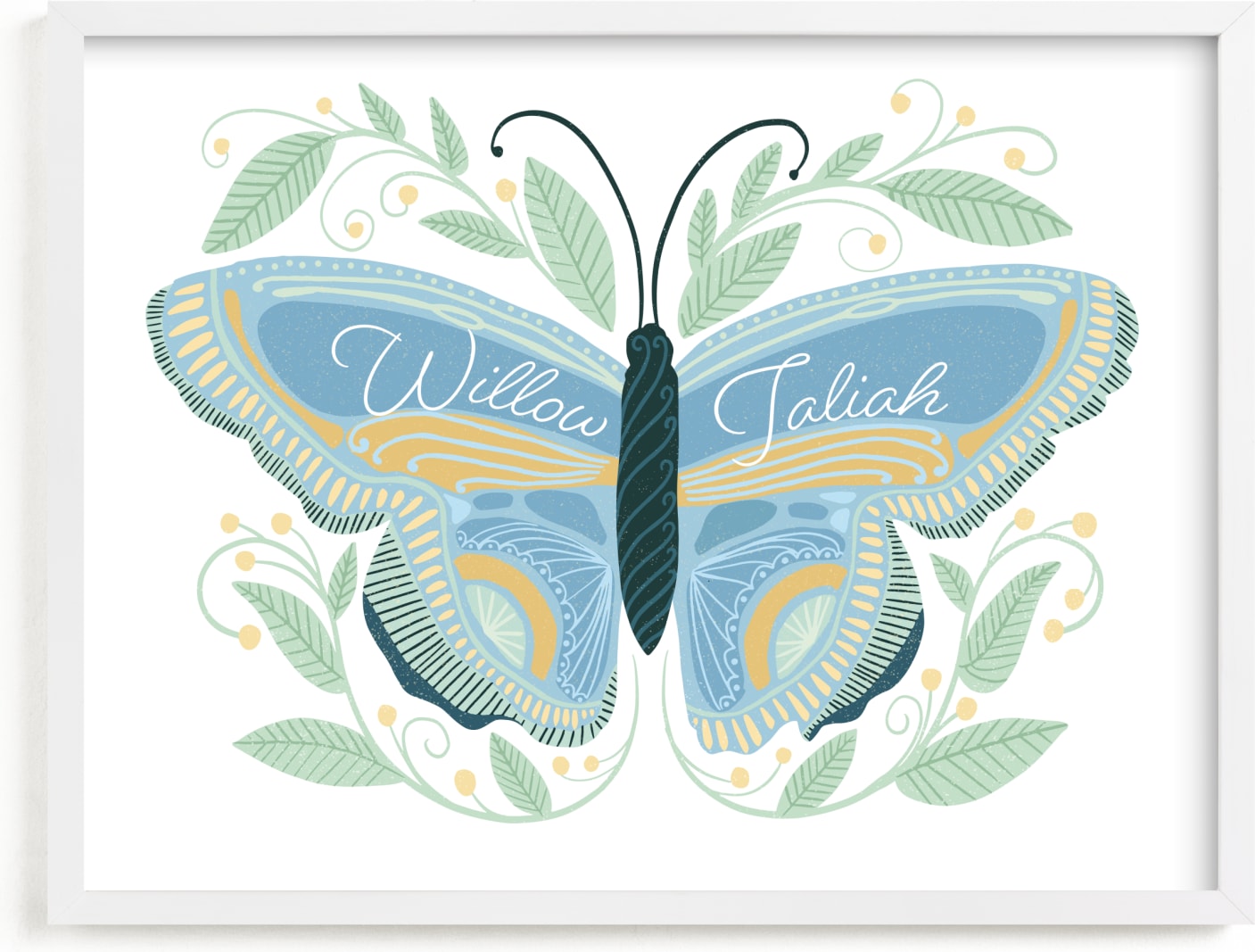 This is a blue personalized art for kid by Blue Ombre co called Flutter & Fly.