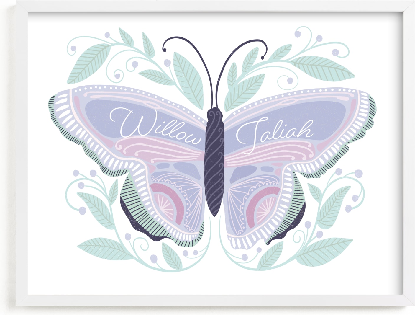 This is a purple personalized art for kid by Blue Ombre co called Flutter & Fly.