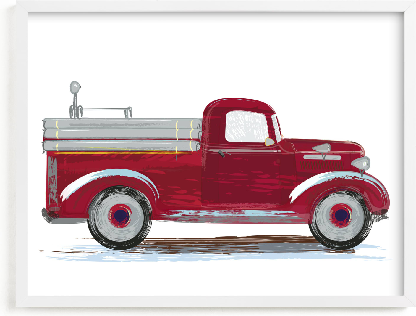This is a colorful kids wall art by Rebecca Marchese called Vintage fire apparatus.