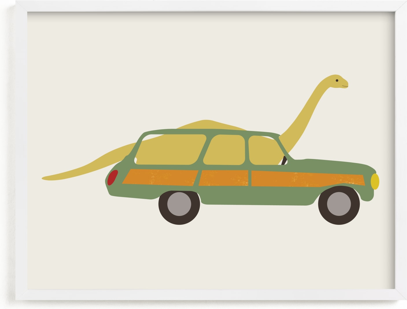 This is a colorful kids wall art by Morgan Kendall called Driving Apatosaurus.