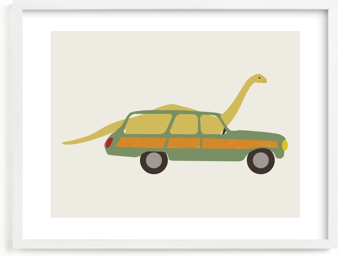 This is a colorful kids wall art by Morgan Kendall called Driving Apatosaurus.