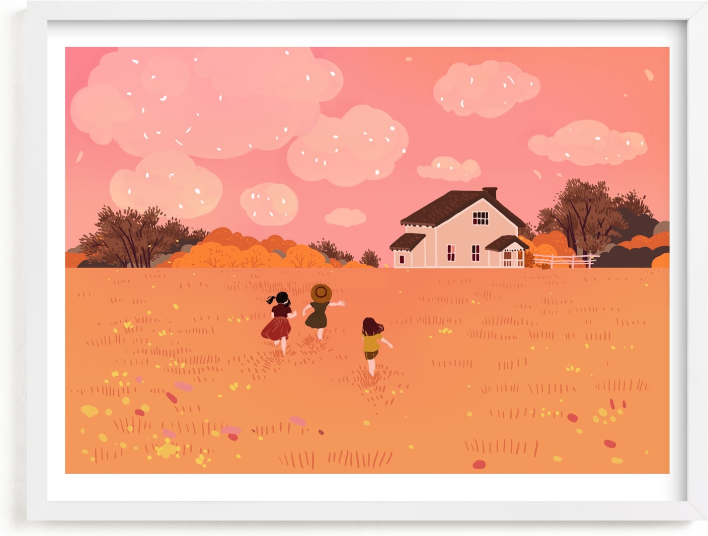 This is a pink kids wall art by Yuke Li called Three little friends.