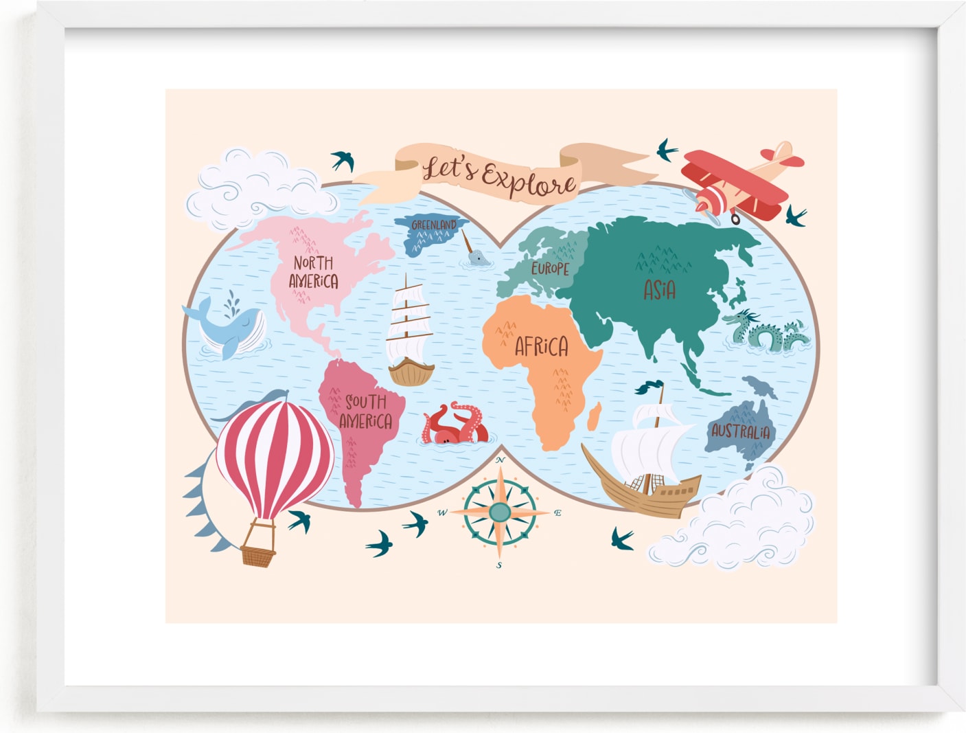 This is a blue kids wall art by DorothyDear Creations called Exploration Map.