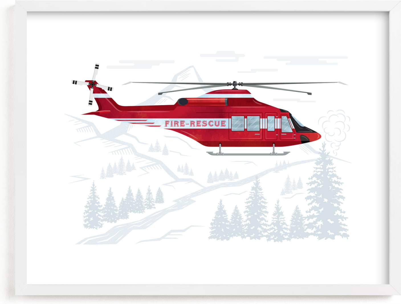 This is a red kids wall art by Paper Sun Studio called Firefighter Helicopter.