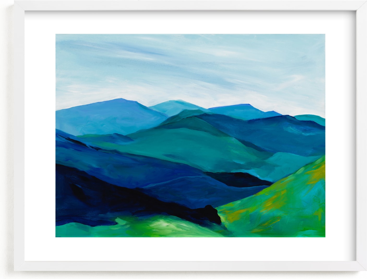 This is a blue, green kids wall art by Jenny Partrite called Enchanted Vista.