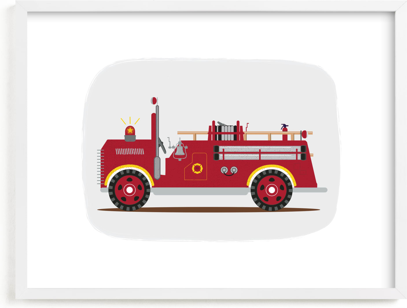 This is a yellow kids wall art by Rebecca Marchese called Red Fire Truck #2.