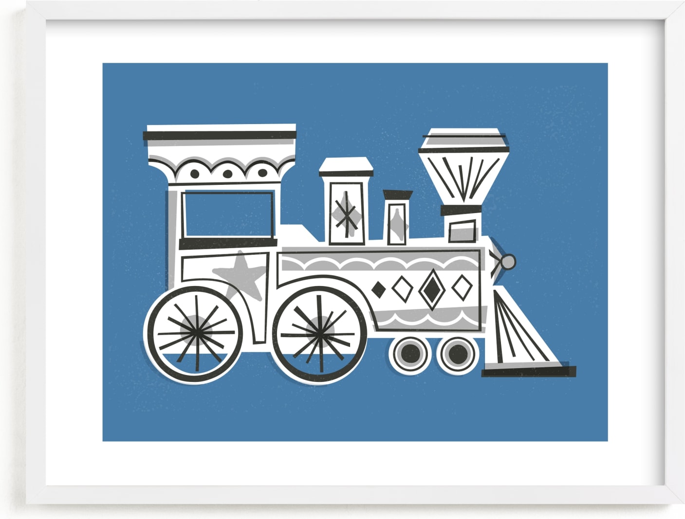 This is a blue kids wall art by Jessie Steury called Terrific Train.