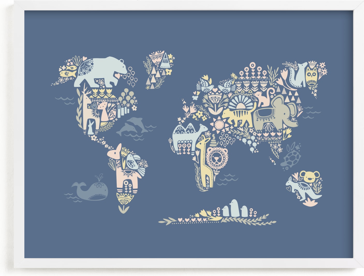 This is a blue kids wall art by Jessie Steury called Scandi World Map.