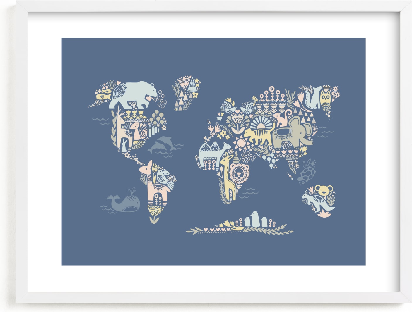This is a blue kids wall art by Jessie Steury called Scandi World Map.