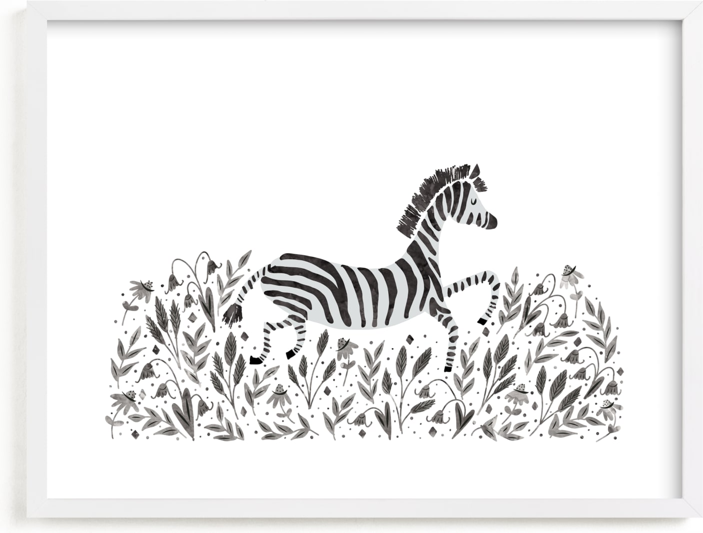 This is a black and white kids wall art by Jackie Crawford called Zebra in the Flowers.