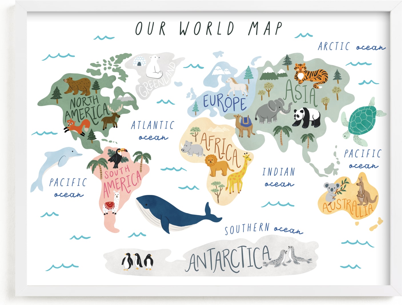 This is a blue kids wall art by Elly called Our World Map.