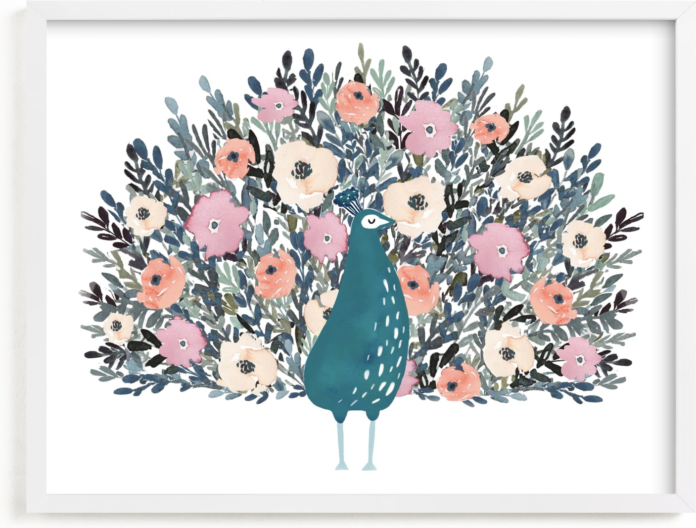 This is a blue kids wall art by Afton Harding called Peacock Blooming Love.