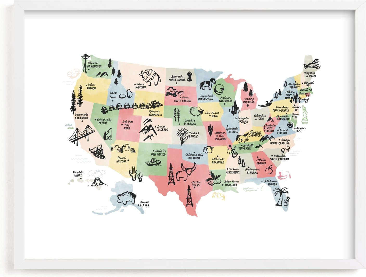 This is a colorful kids wall art by Jessie Steury called Retro United States Map.