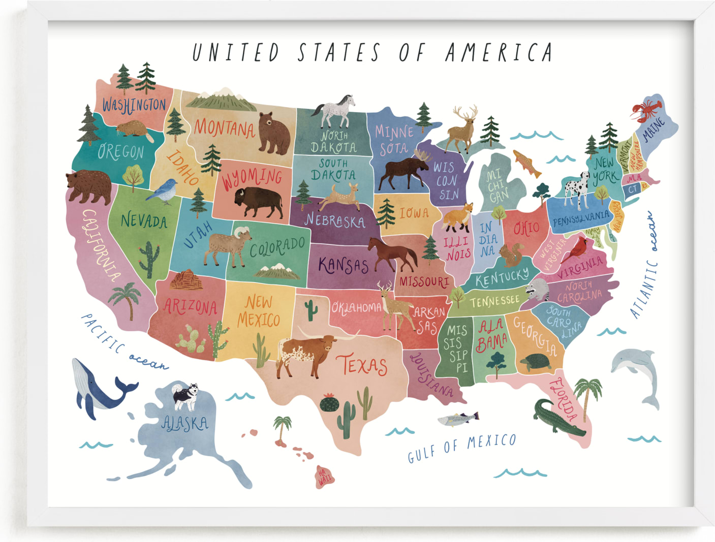 This is a blue kids wall art by Elly called Animals Map of USA.
