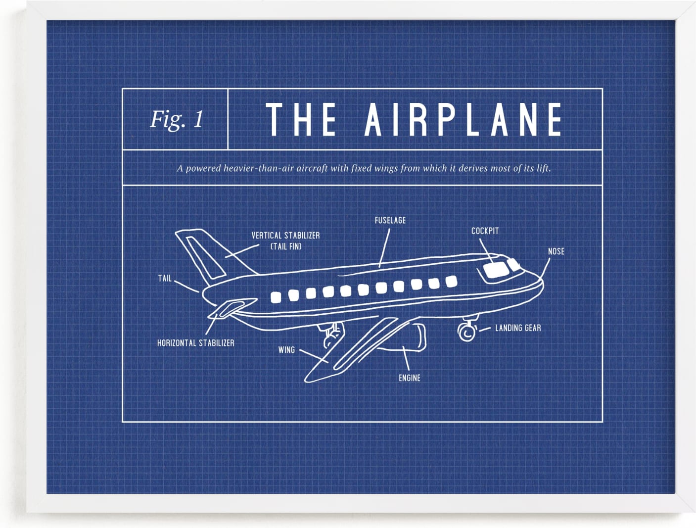 This is a blue kids wall art by Meggy Masters called Airplane Blueprint.