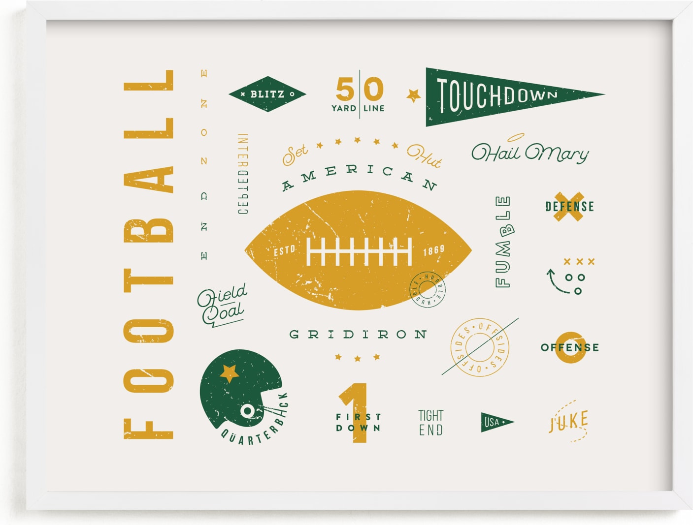 This is a ivory kids wall art by Dana Beckwith called American Football Vocab.