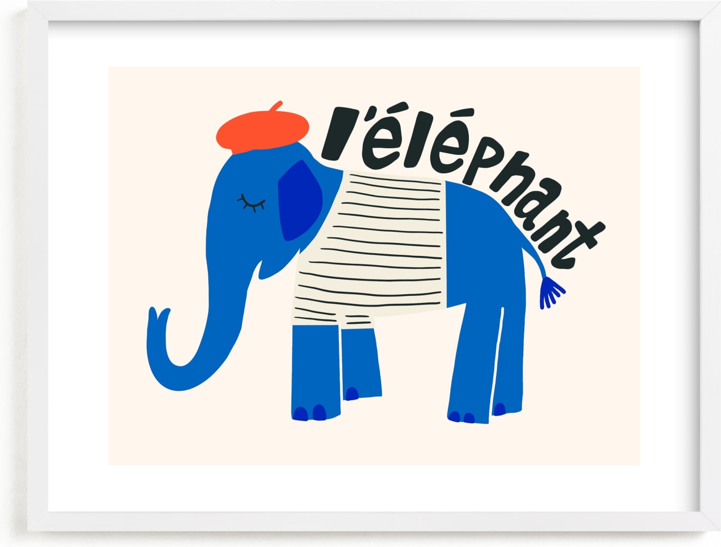 This is a blue kids wall art by Morgan Kendall called French Elephant.