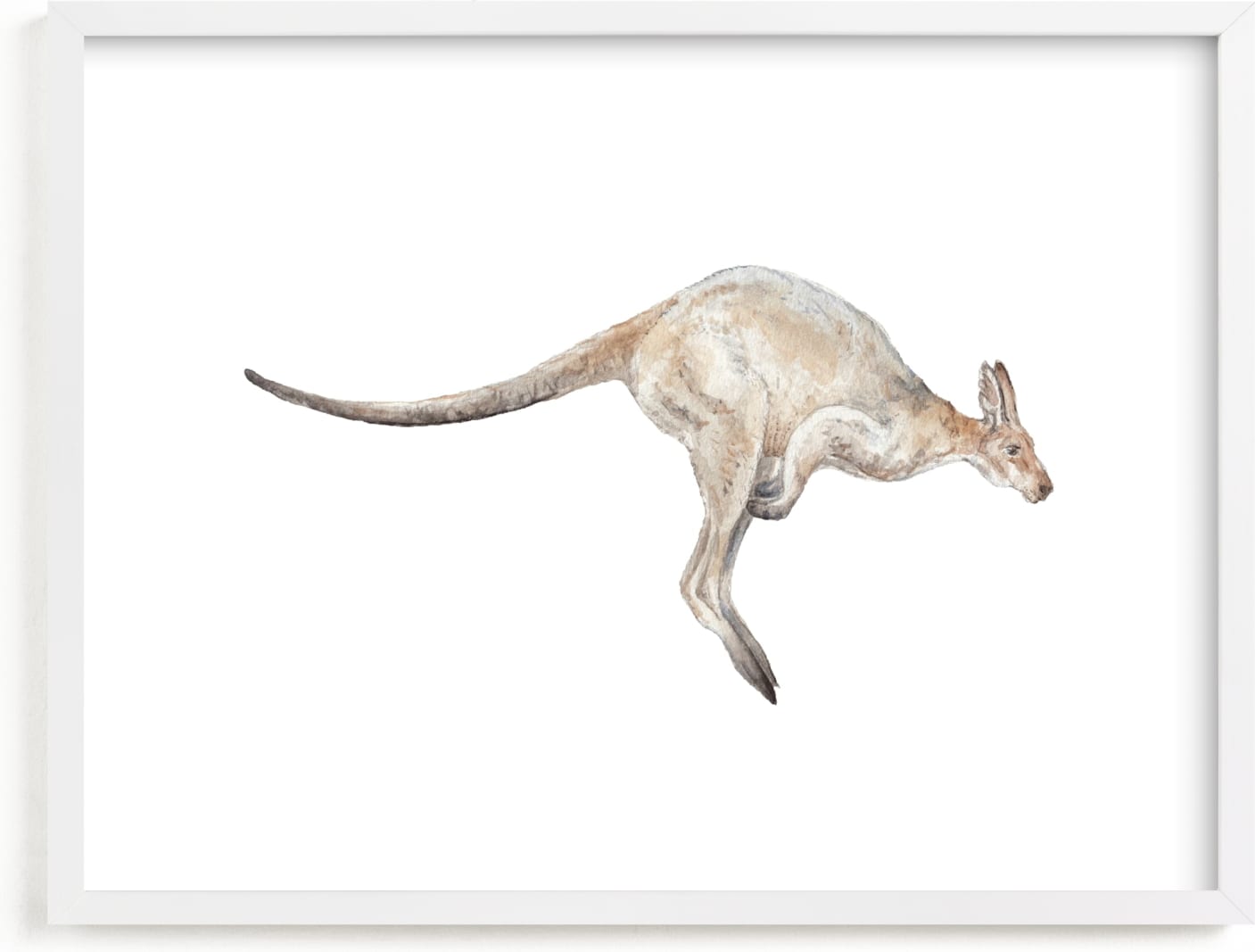 This is a brown kids wall art by Lauren Rogoff called Watercolor Leaping Kangaroo.