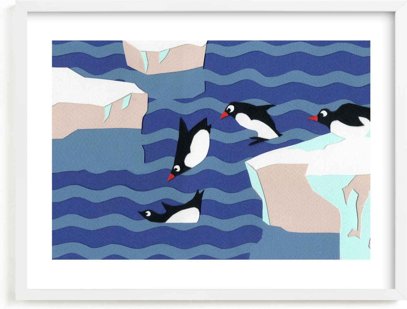 This is a blue kids wall art by Rafael Yaniger called Pretty Penguins.