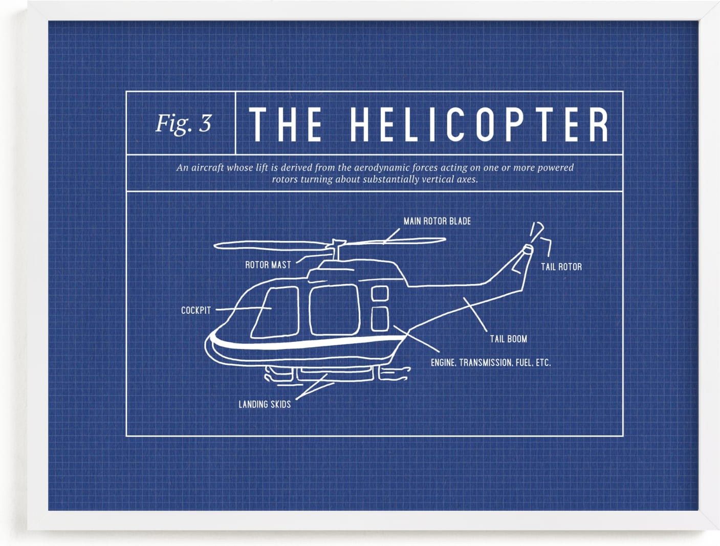 This is a blue kids wall art by Meggy Masters called Helicopter Blueprint.