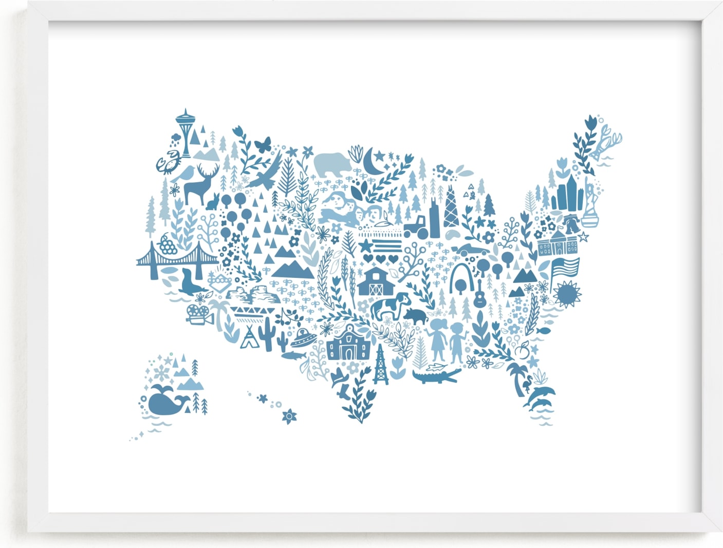 This is a blue kids wall art by Jessie Steury called Little Big United States Map.