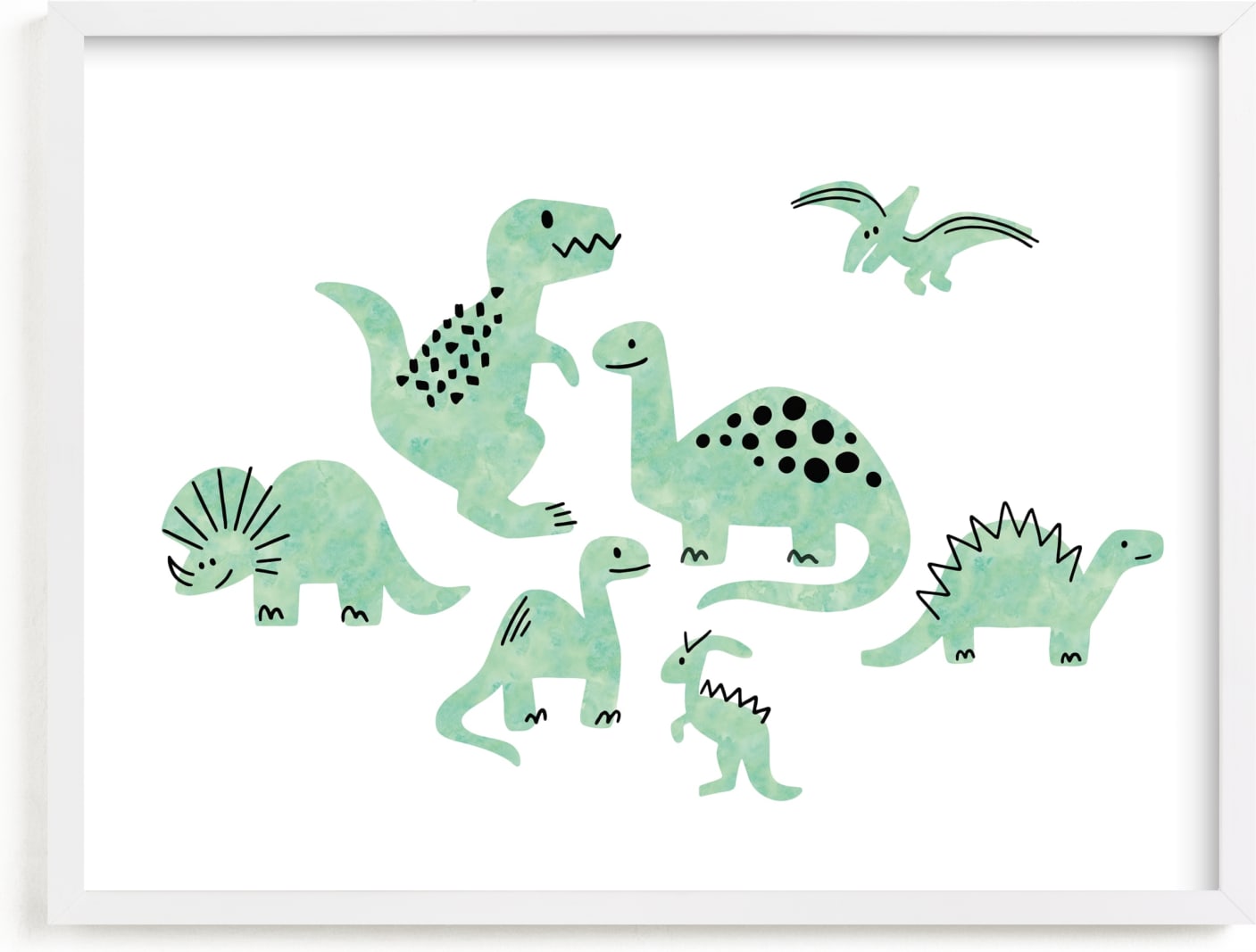 This is a green kids wall art by Jessie Steury called Darling Dinos.