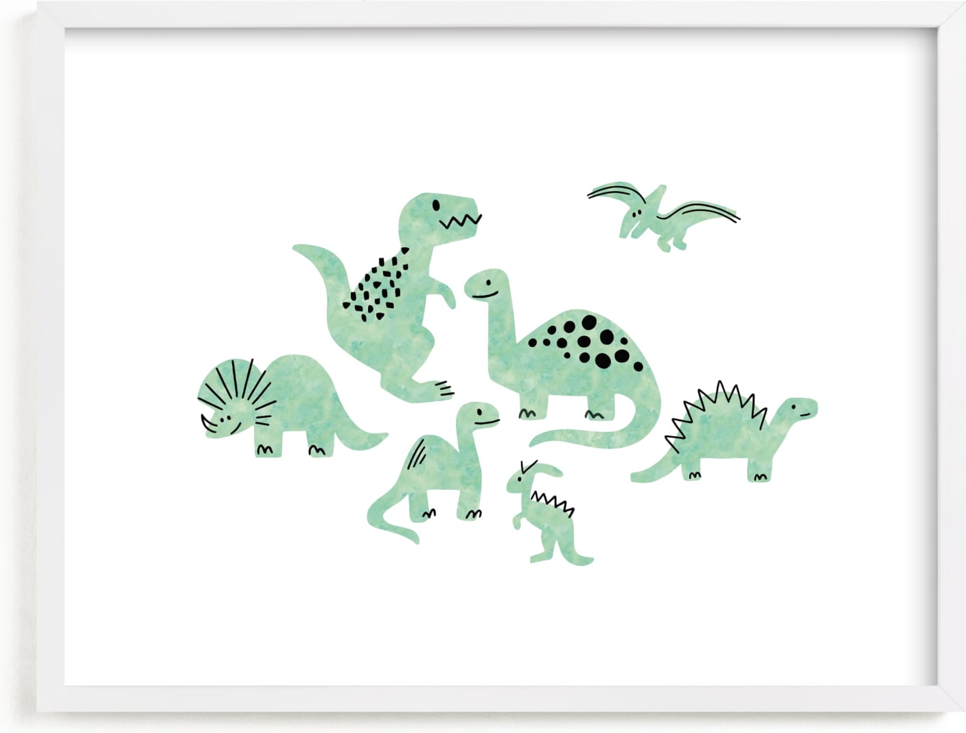 This is a green kids wall art by Jessie Steury called Darling Dinos.