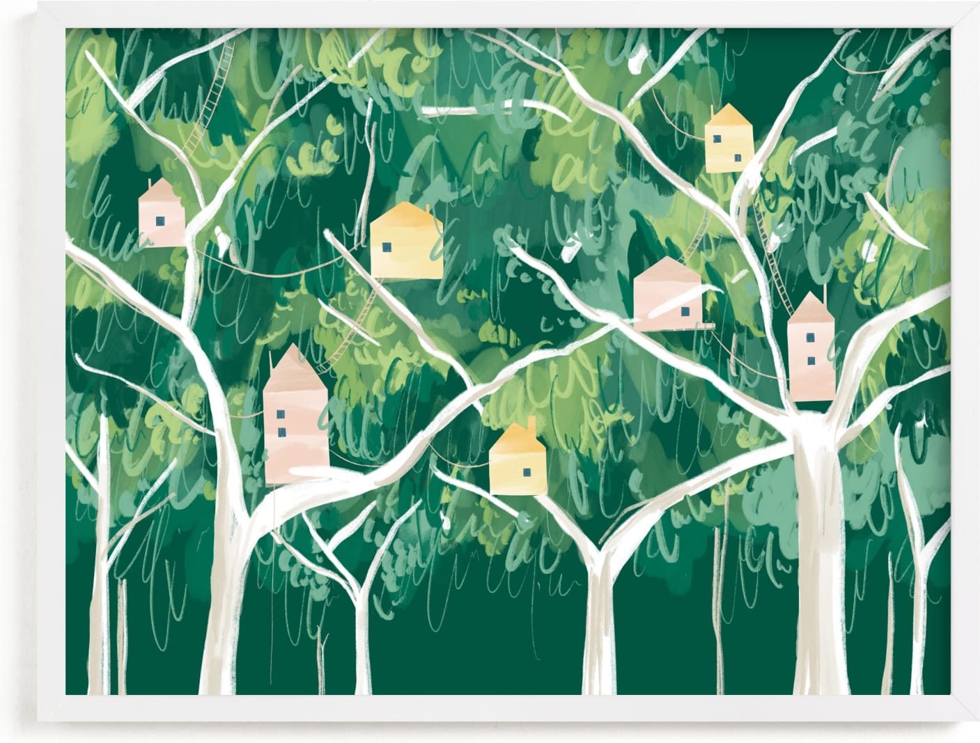 This is a colorful kids wall art by Krissy Bengtson called Forest Village.