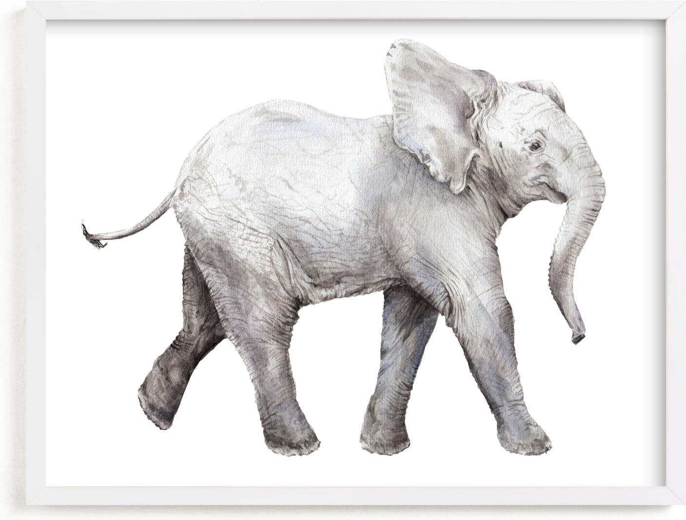 This is a grey kids wall art by Lauren Rogoff called Baby Watercolor Elephant.