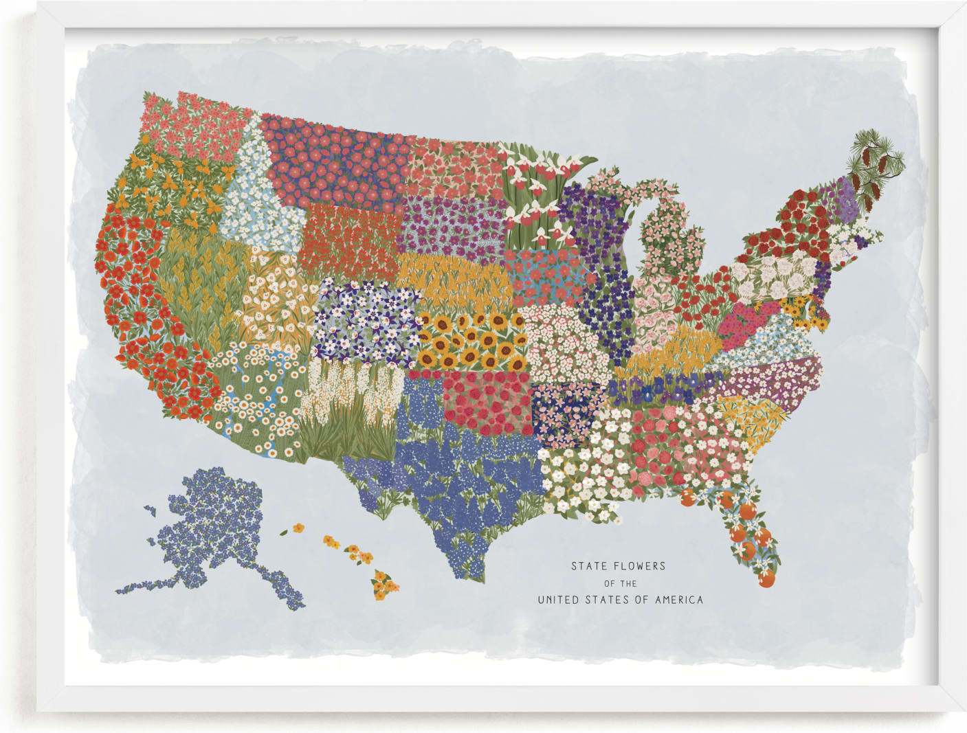 This is a blue kids wall art by Jenna Holcomb called USA in Bloom.