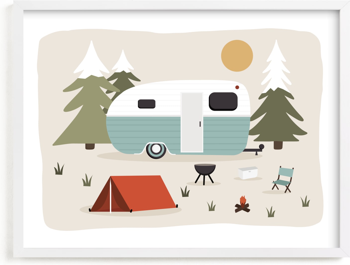 This is a colorful kids wall art by Christie Garcia called Happy Camper.