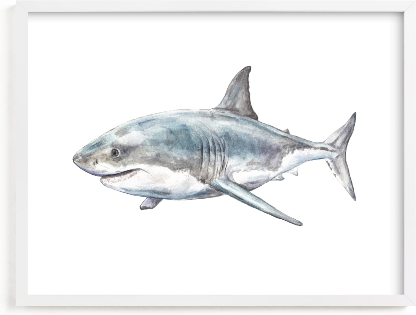 This is a blue kids wall art by Lauren Rogoff called Shark in Smiling Waters.