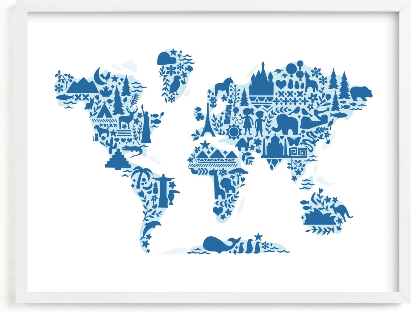 This is a blue art by Jessie Steury called Little Big World Map.