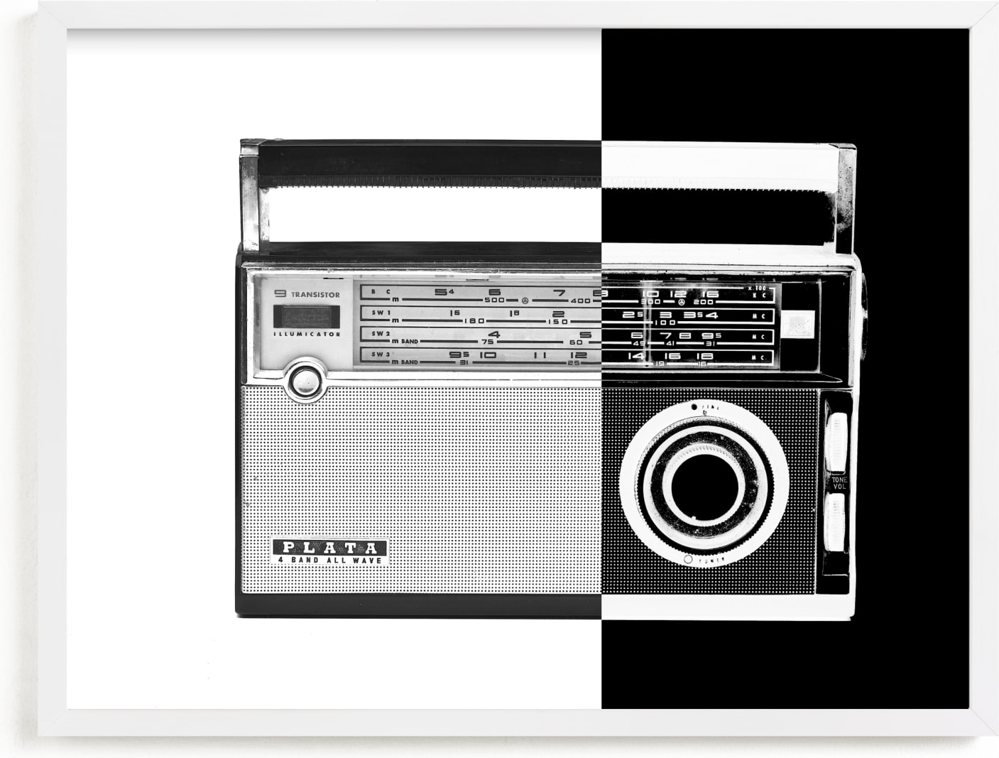 This is a black and white art by Jonathan Brooks called Two-Tone Transistor Radio.