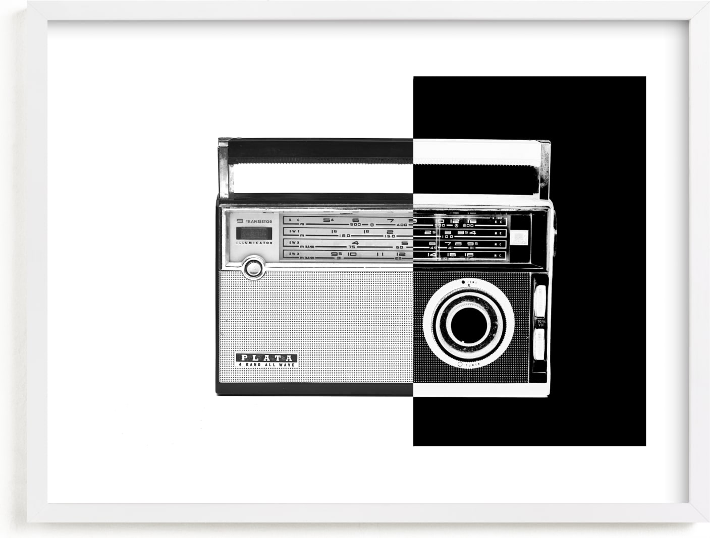 This is a black and white art by Jonathan Brooks called Two-Tone Transistor Radio.