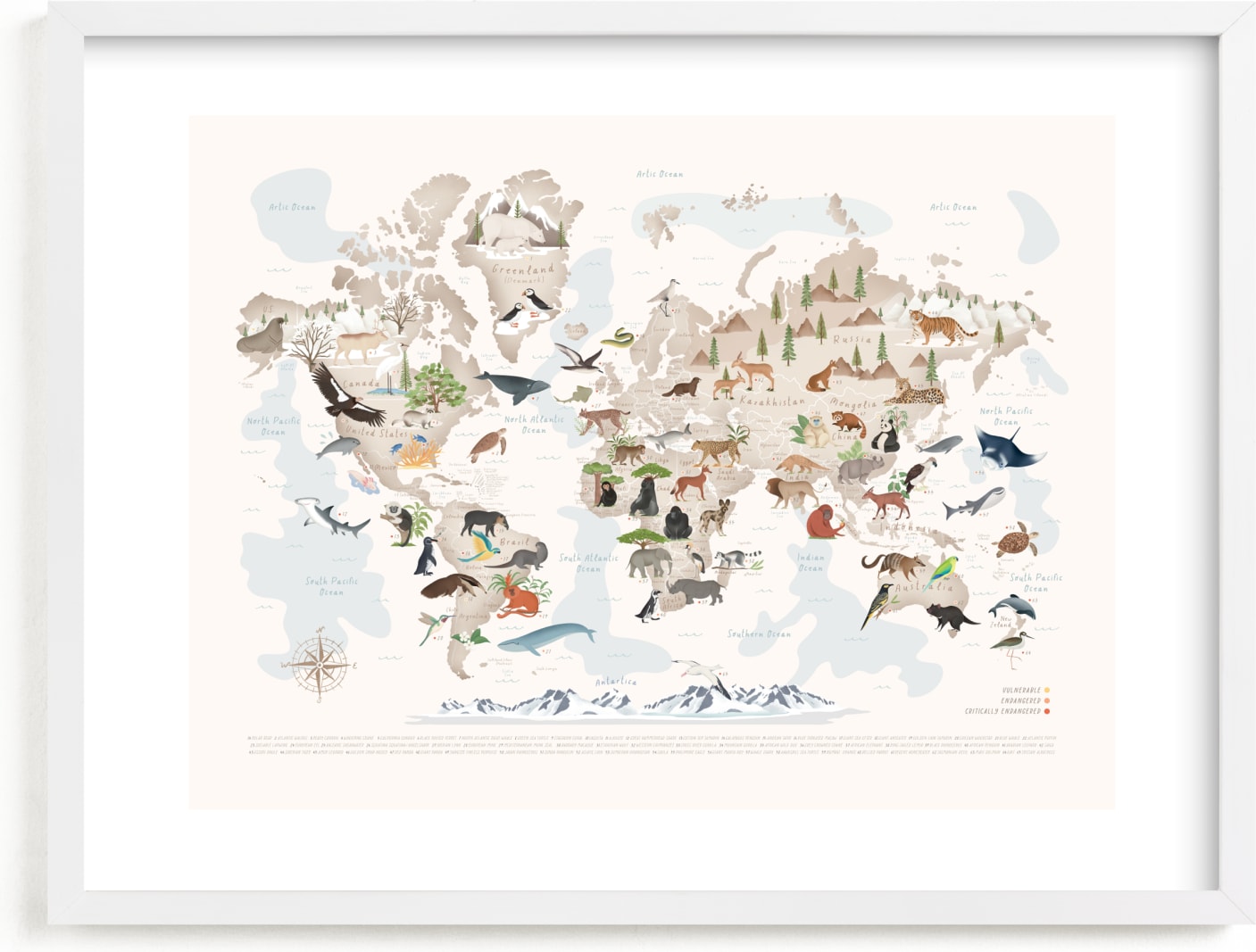 This is a ivory art by Sabrin Deirani called Animals World map, 65 threatened species.