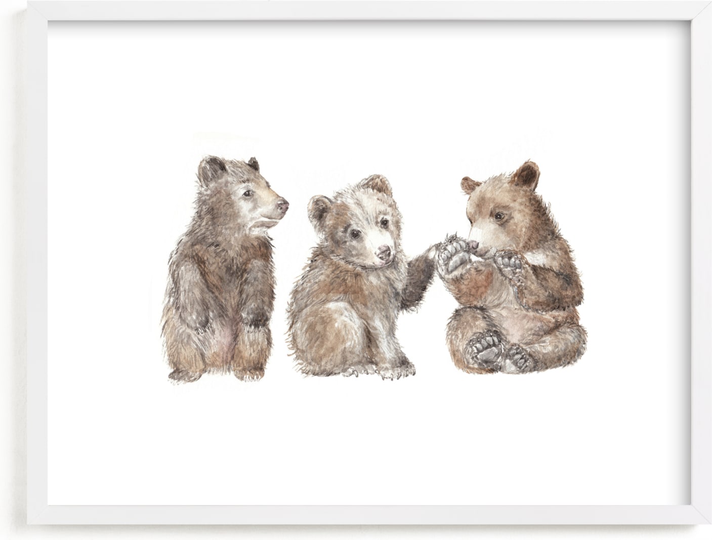 This is a brown, classic colors, beige nursery wall art by Lauren Rogoff called Three Little Bears.