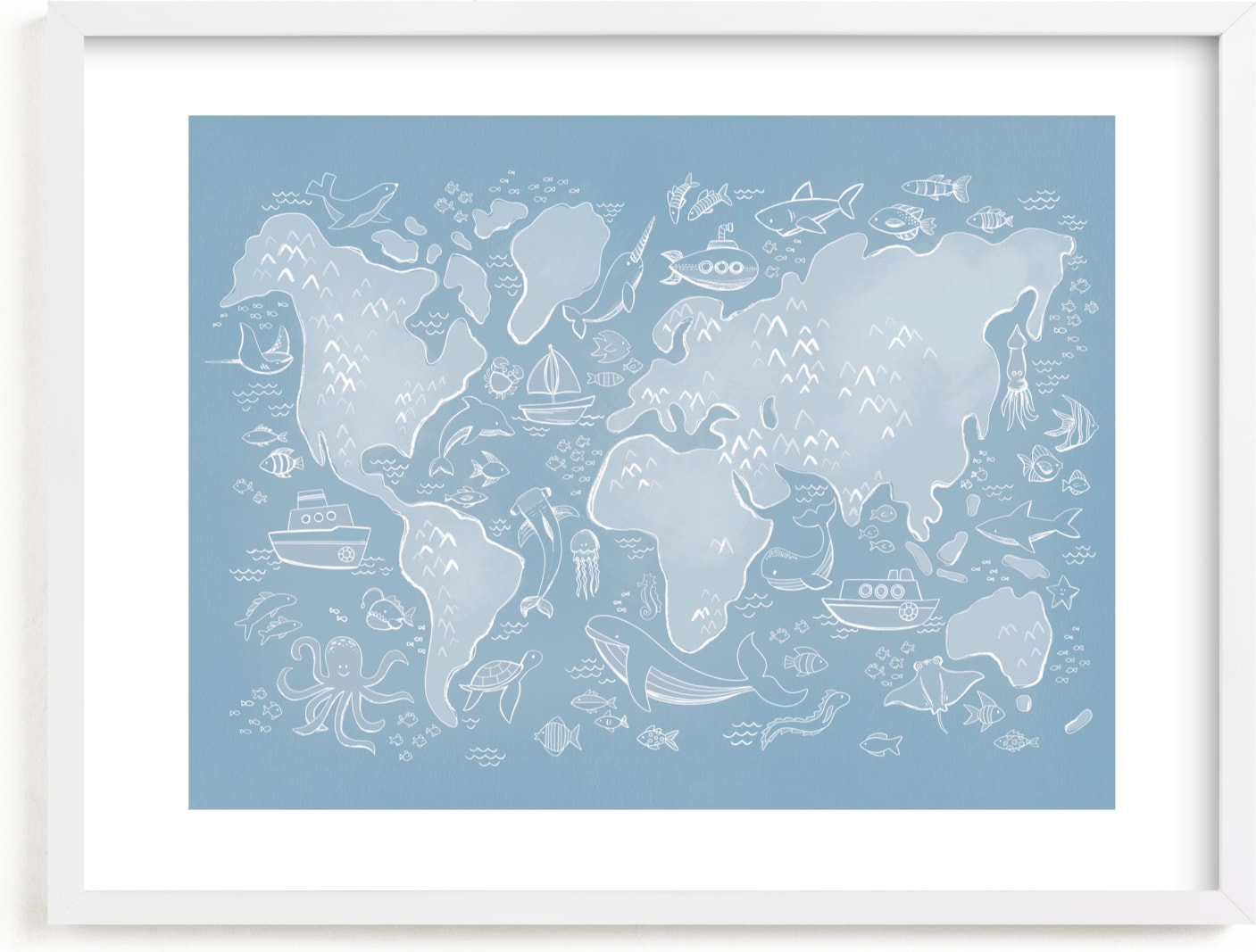 This is a blue nursery wall art by Jessie Steury called Sea Life World Map.