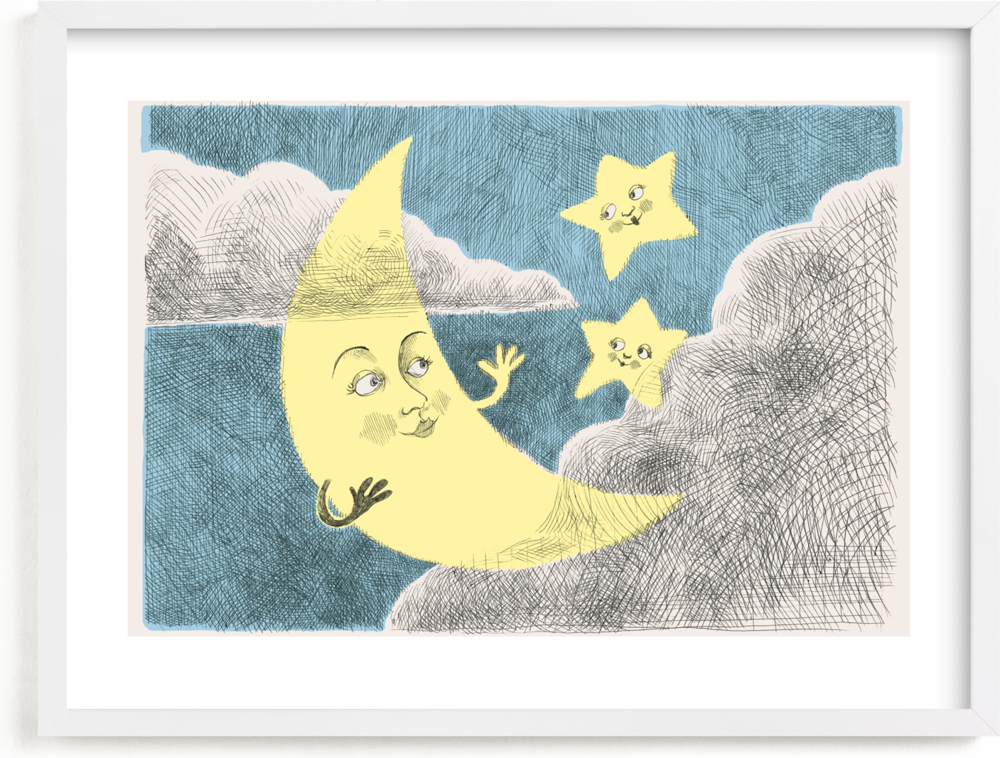 This is a blue nursery wall art by Catilustre called Claire de Lune.