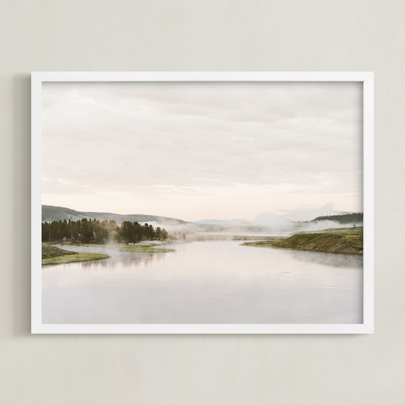 "Misty lake" - Art Print in autumn green by Kamala Nahas - Framed