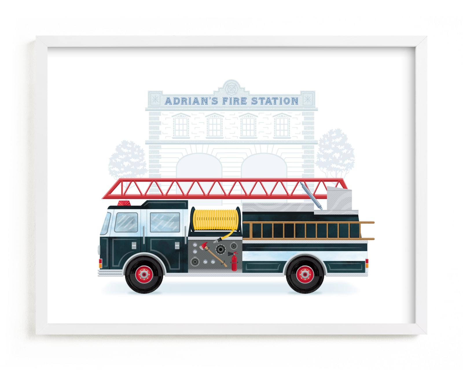 "Fire Engine to the Rescue" - Custom Open Edition Children's Art Print by Paper Sun Studio in beautiful frame options and a variety of sizes.