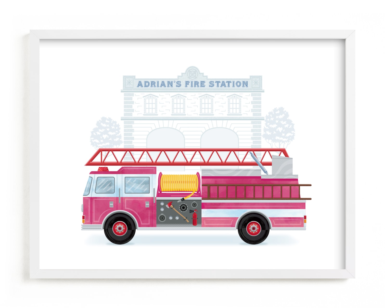 "Fire Engine to the Rescue" - Custom Open Edition Children's Art Print by Paper Sun Studio in beautiful frame options and a variety of sizes.