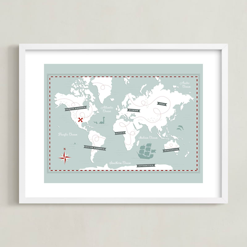 "Treasure Map" - Art Print in Powder Blue by Jessie Steury - Framed