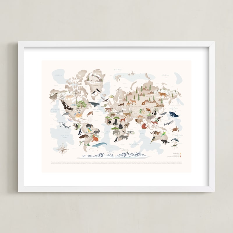 "Animals World map, 65 threatened species" by Sabrin Deirani in beautiful frame options and a variety of sizes.