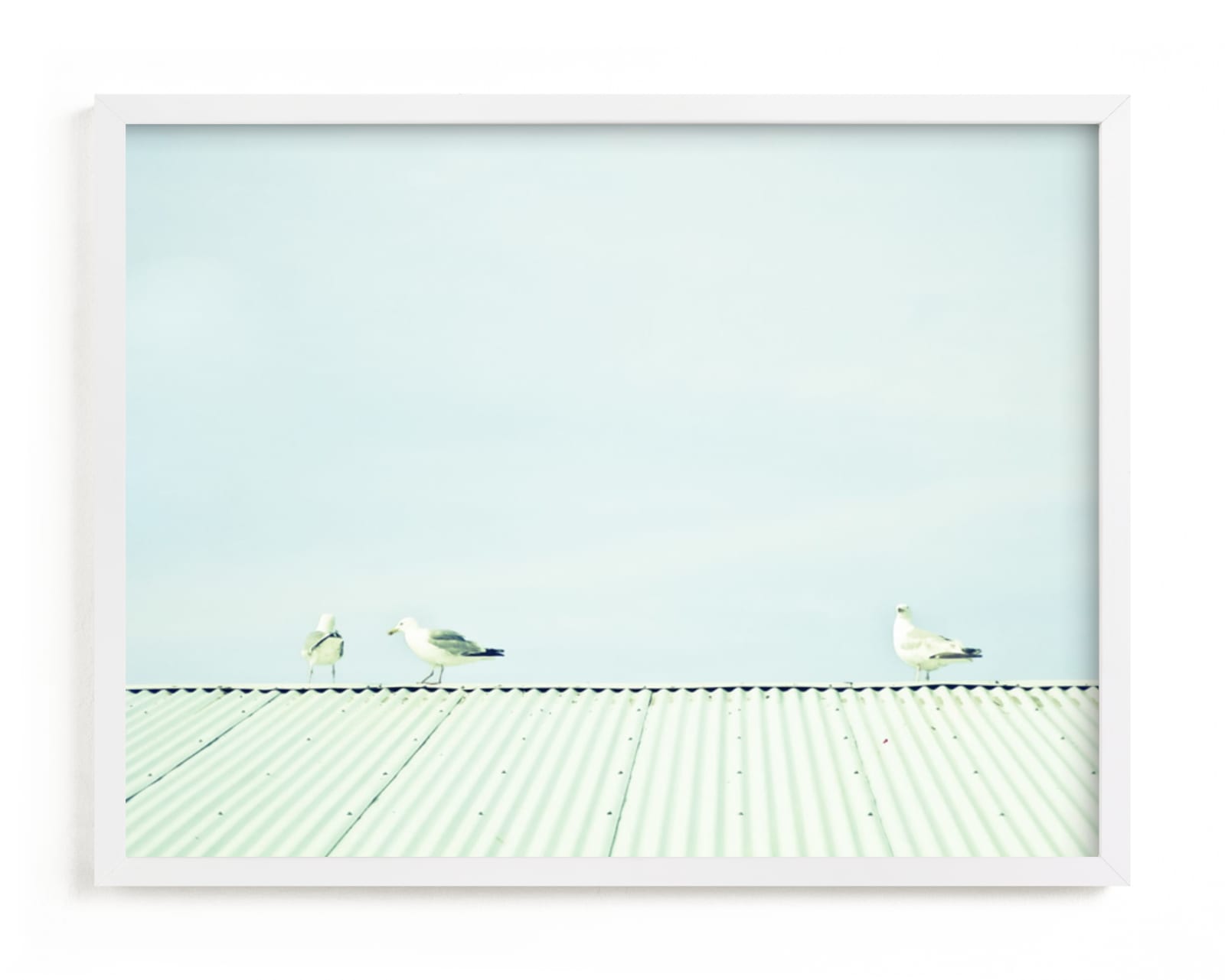 This is a blue art by Alexandra Feo called Seagulls On The Roof.