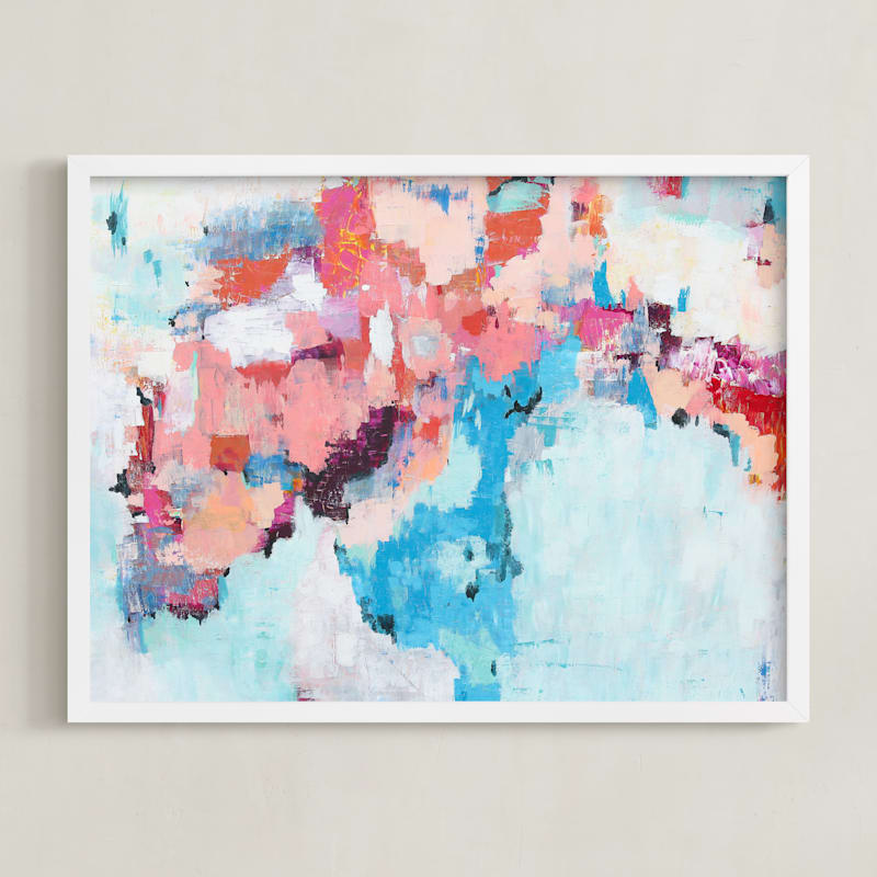 "Pink and Blue Abstract Painting" - Art Print in Bright Pink by Caryn Owen - Framed