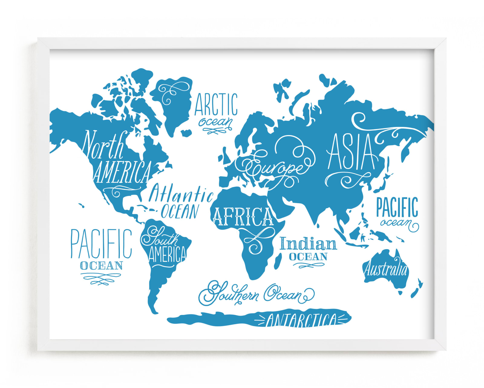 This is a blue kids wall art by Jessie Steury called Wild Worldwide Map.