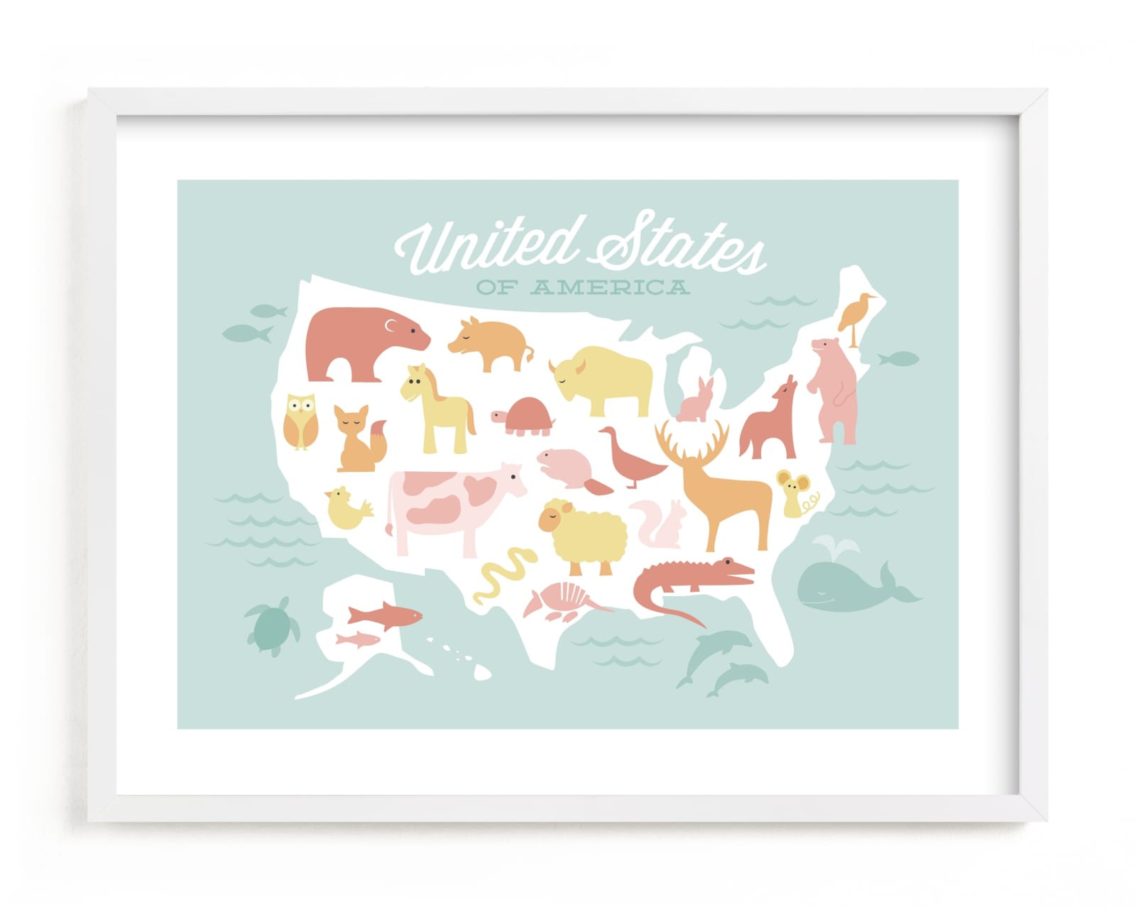 This is a colorful kids wall art by Jessie Steury called Animal American Map.